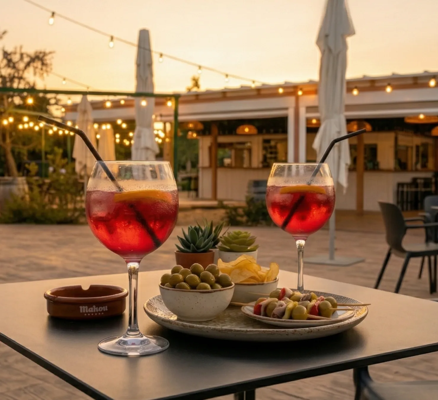 Adultos relajados en la terraza del chiringuito con bebidas